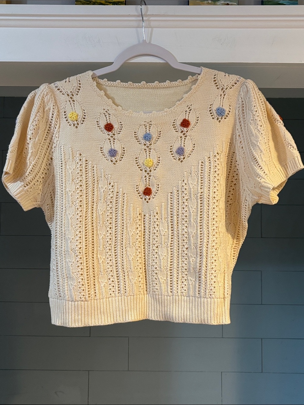 Cider Cream Crochet Knit‎ Short-Sleeve Crop Top with Multicolor Flowers